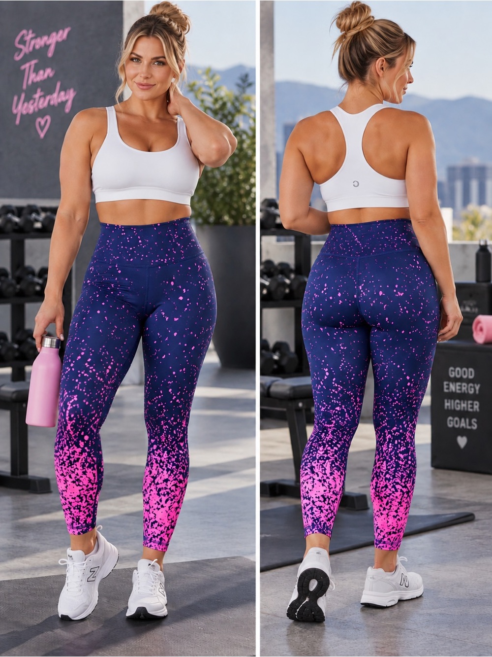 ⚡ ZYIA Active Light n Tight Navy Pink Splash Hi-Rise Leggings 8-10